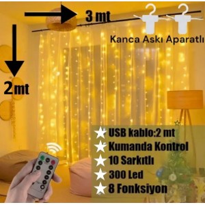 Peri Led Aydınlatma Sarkıt Perde USB 3Mx2M Animasyonlu, Uzaktan Kumandalı Gün Işığı
